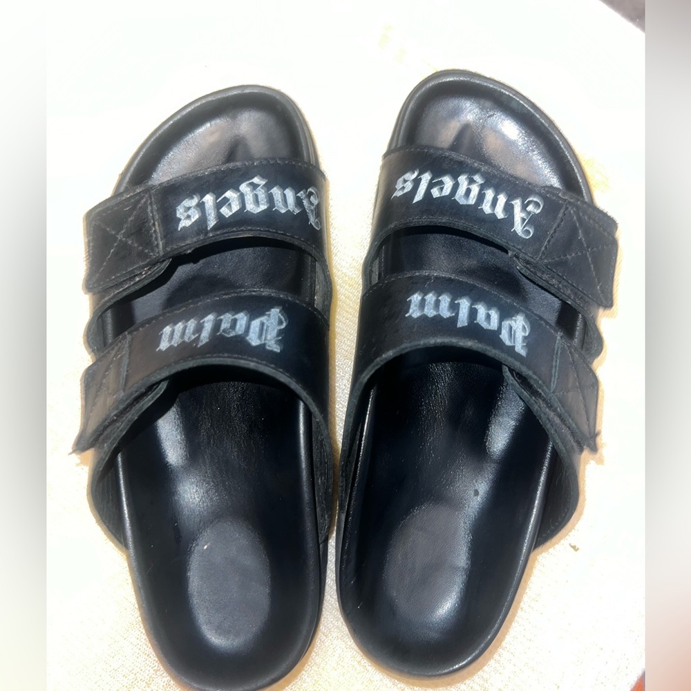 PALM ANGELS Leather Logo Slide Sandals Sliders Black White w/ Box & Dust Bag